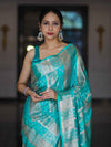 Banarasee Handloom Semi Silk Saree With Zari Woven Design & Border-Aqua Green
