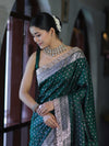 Banarasee Handloom Mashru Silk Saree With Zari Buti Design & Lace Border-Deep Green
