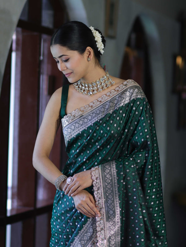 Banarasee Handloom Mashru Silk Saree With Zari Buti Design & Lace Border-Deep Green