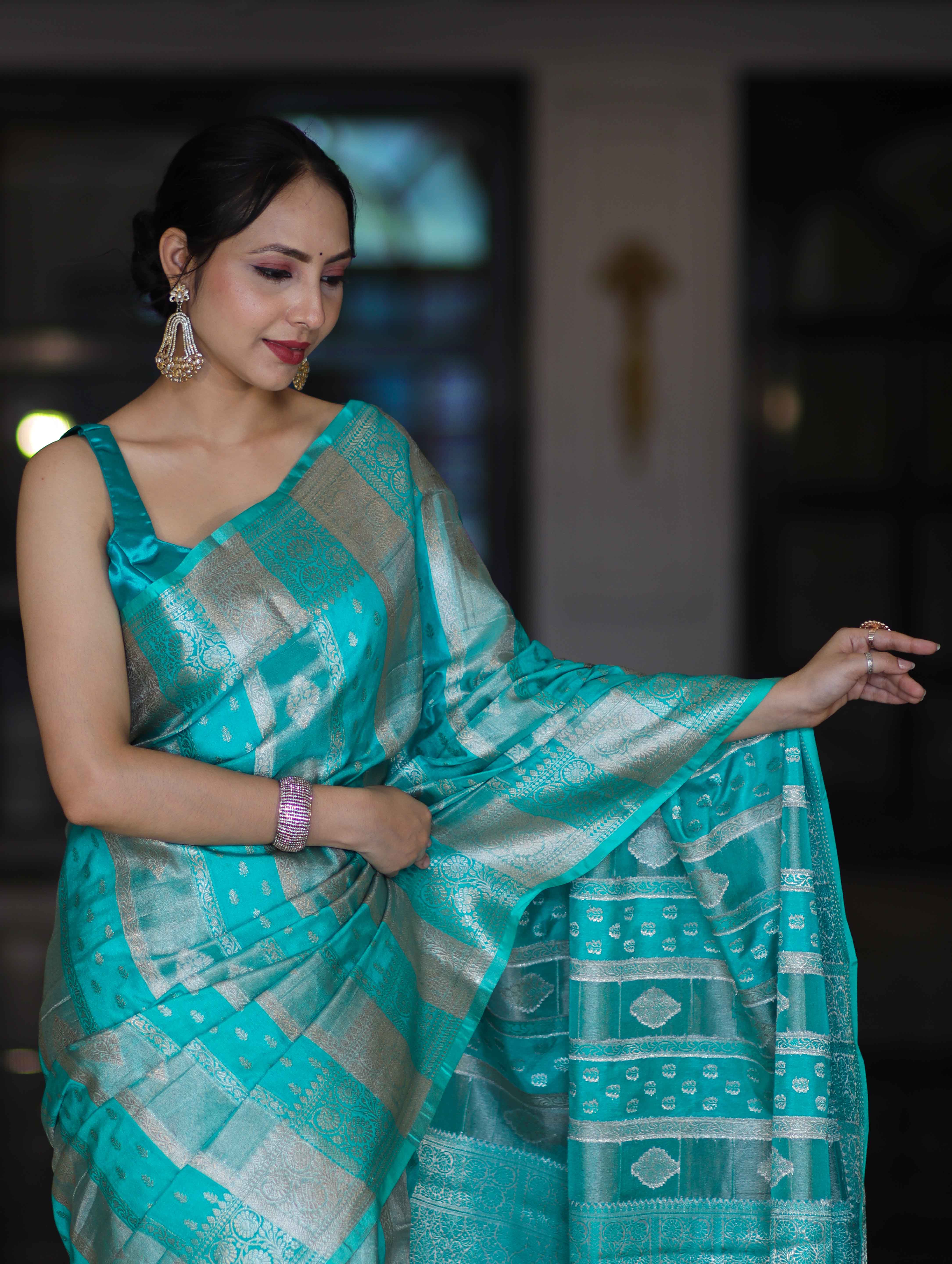 Banarasee Handloom Semi Silk Saree With Zari Woven Design & Border-Aqua Green