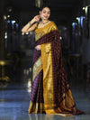 Banarasee Handloom Semi Silk Saree With Checks Pattern & Contrast Border-Wine & Mustard Yellow