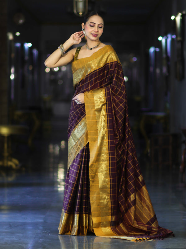 Banarasee Handloom Semi Silk Saree With Checks Pattern & Contrast Border-Wine & Mustard Yellow