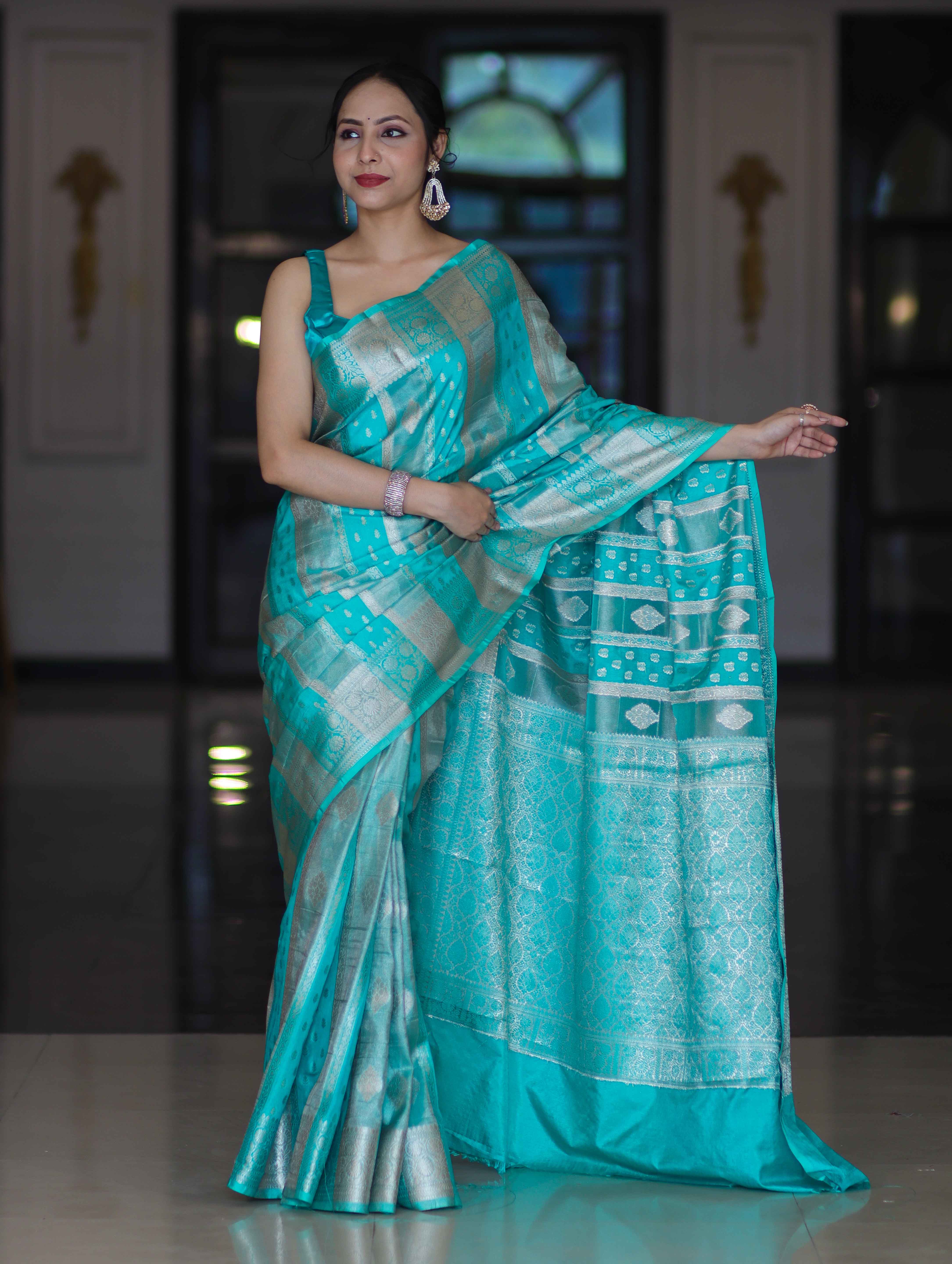 Banarasee Handloom Semi Silk Saree With Zari Woven Design & Border-Aqua Green