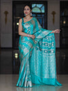 Banarasee Handloom Semi Silk Saree With Zari Woven Design & Border-Aqua Green