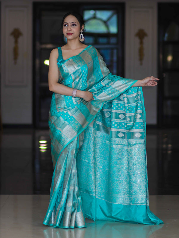 Banarasee Handloom Semi Silk Saree With Zari Woven Design & Border-Aqua Green