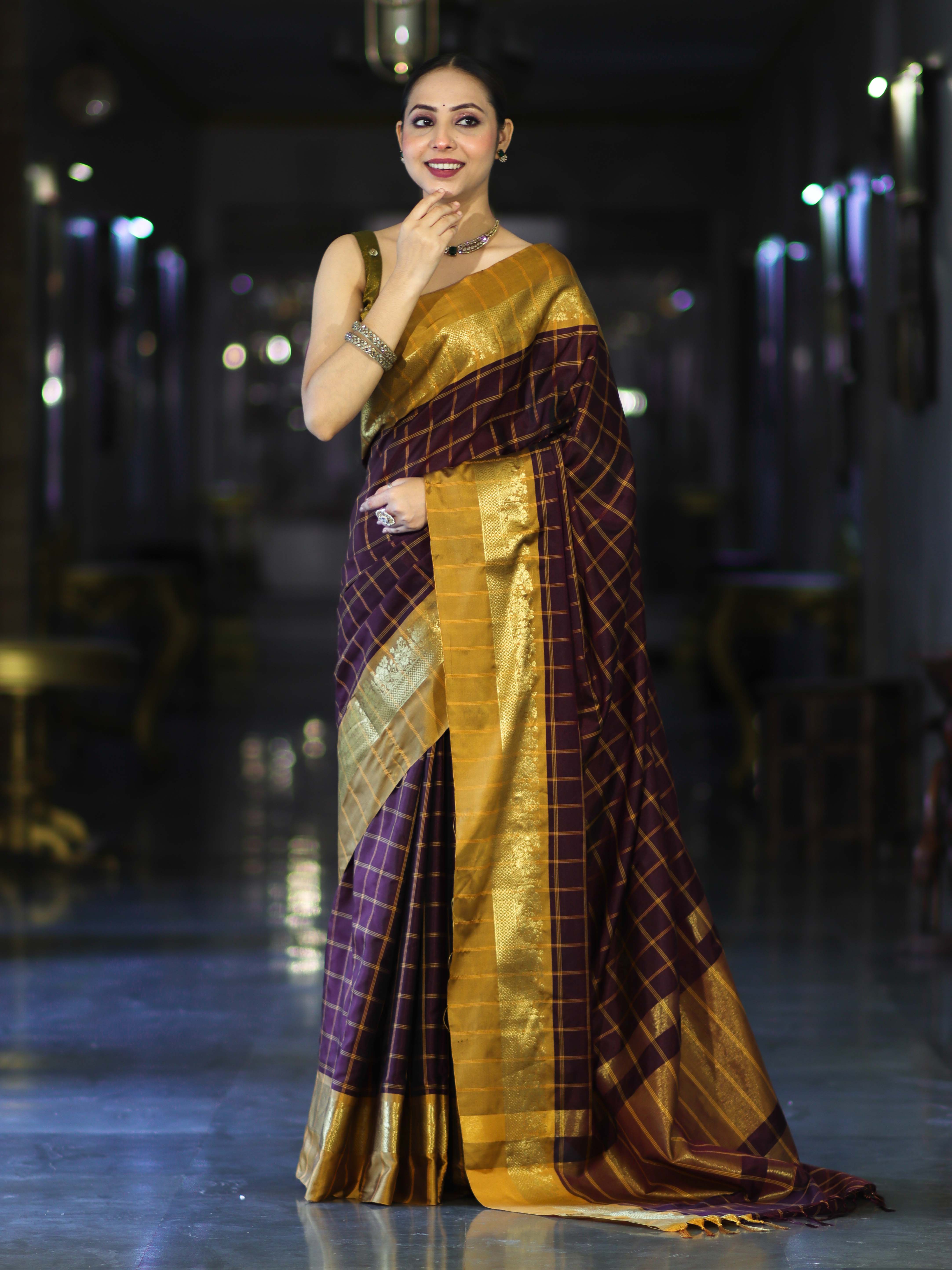 Banarasee Handloom Semi Silk Saree With Checks Pattern & Contrast Border-Wine & Mustard Yellow