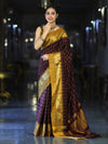 Banarasee Handloom Semi Silk Saree With Checks Pattern & Contrast Border-Wine & Mustard Yellow
