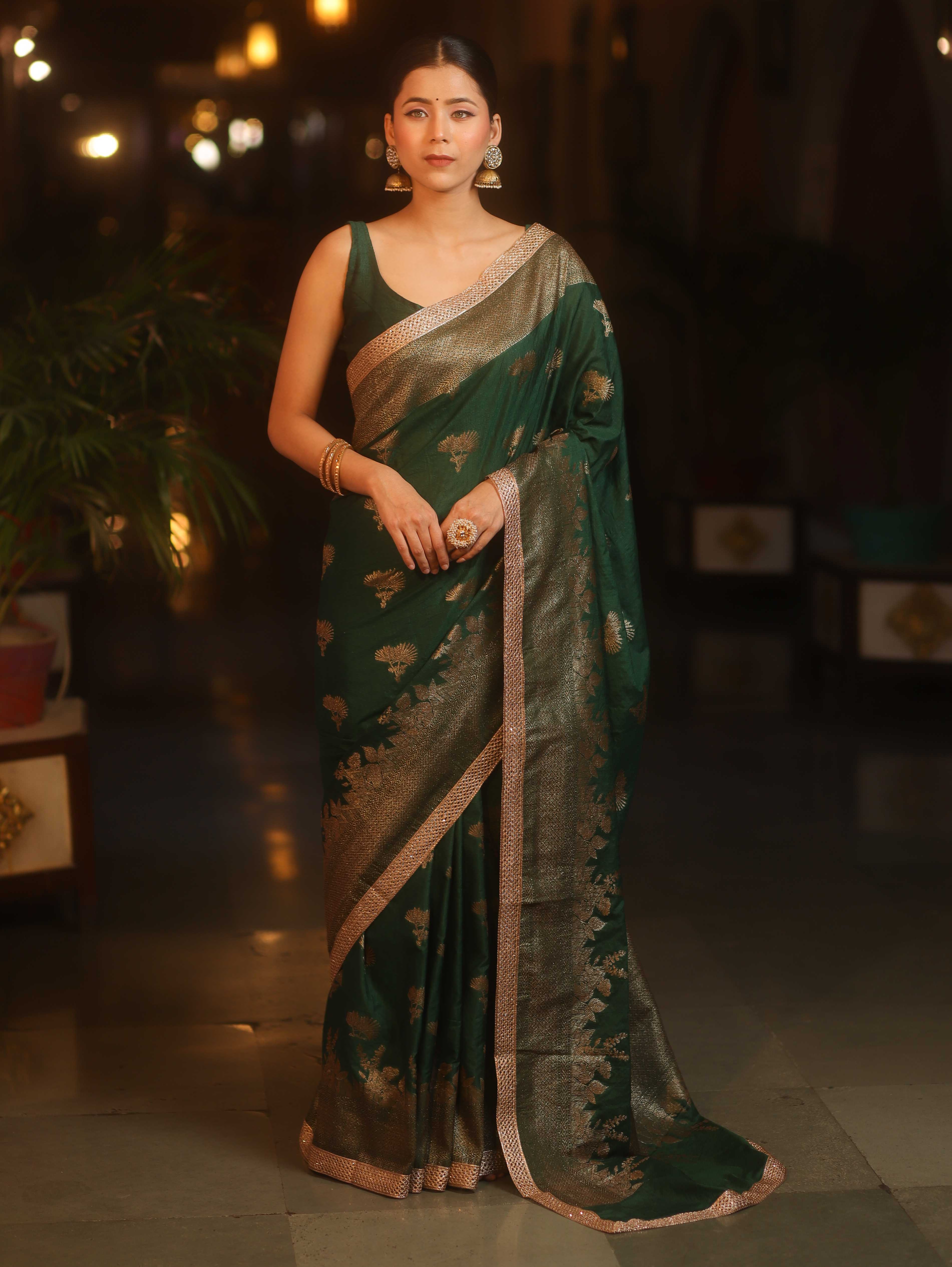 Banarasee Handwoven Silk Cotton Saree Antique Zari Buti & Border With Lace-Green
