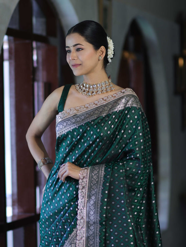 Banarasee Handloom Mashru Silk Saree With Zari Buti Design & Lace Border-Deep Green