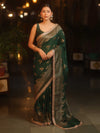 Banarasee Handwoven Silk Cotton Saree Antique Zari Buti & Border With Lace-Green