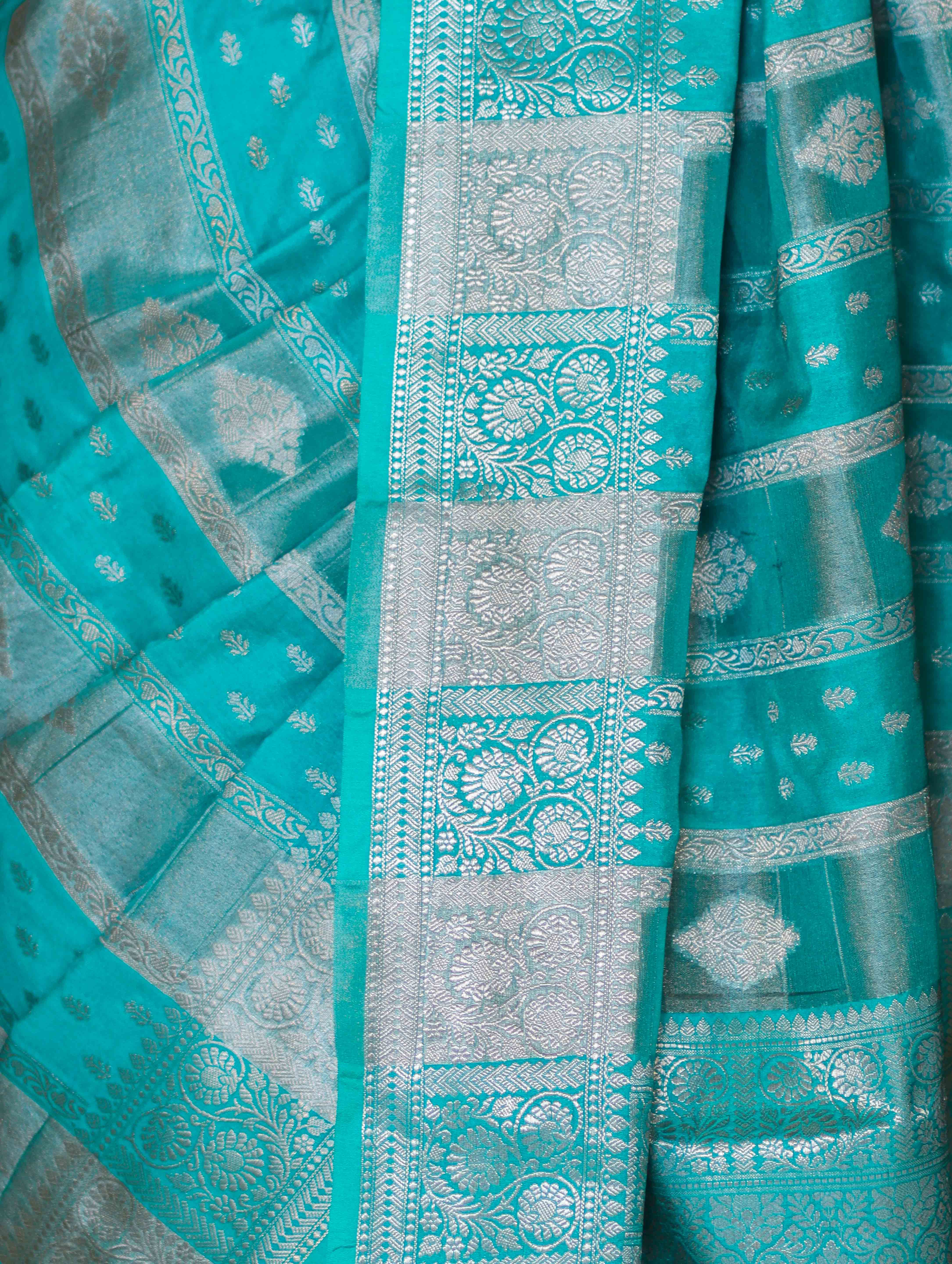 Banarasee Handloom Semi Silk Saree With Zari Woven Design & Border-Aqua Green