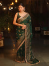 Banarasee Handwoven Silk Cotton Saree Antique Zari Buti & Border With Lace-Green