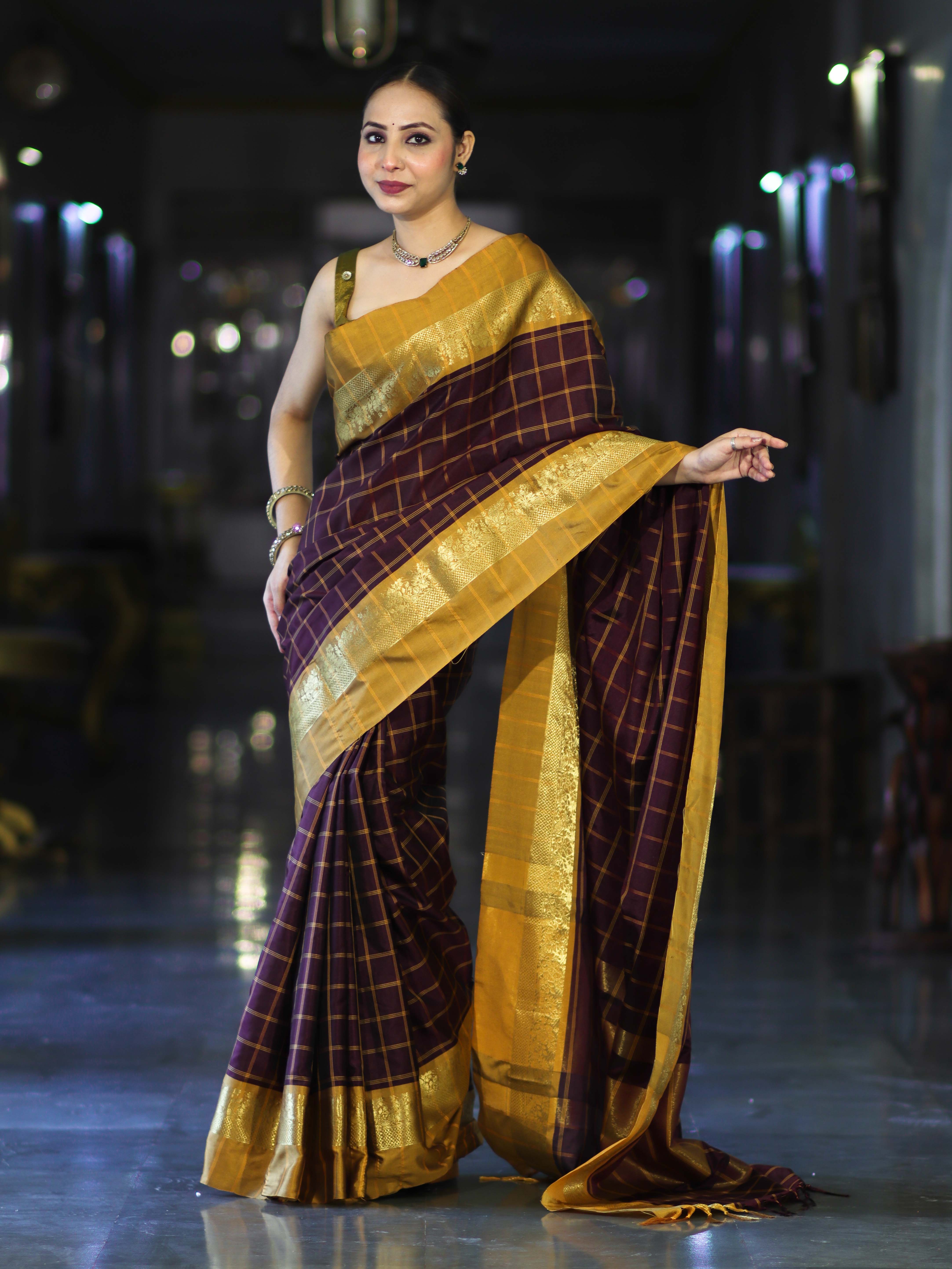 Banarasee Handloom Semi Silk Saree With Checks Pattern & Contrast Border-Wine & Mustard Yellow