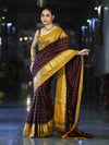 Banarasee Handloom Semi Silk Saree With Checks Pattern & Contrast Border-Wine & Mustard Yellow