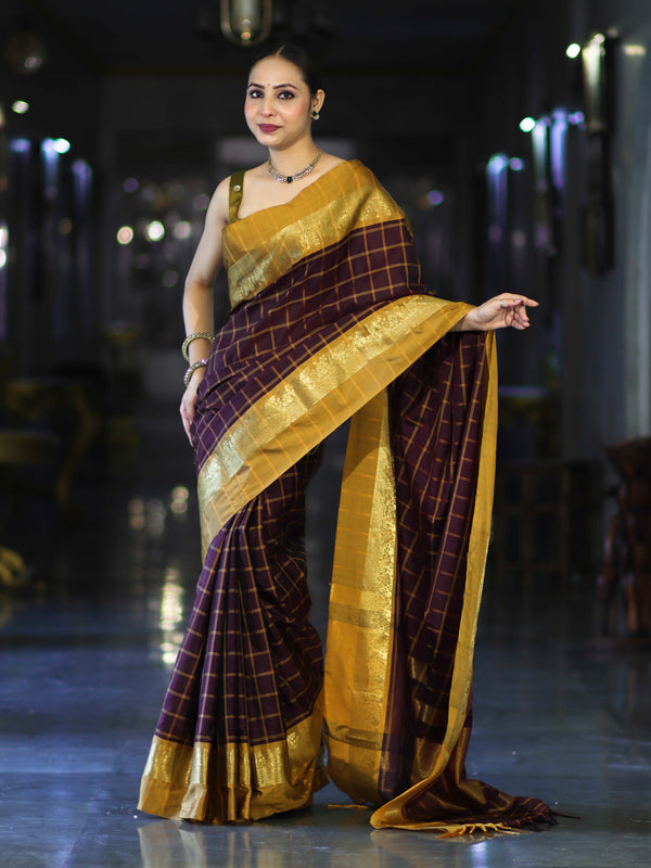 Banarasee Handloom Semi Silk Saree With Checks Pattern & Contrast Border-Wine & Mustard Yellow