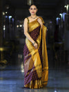 Banarasee Handloom Semi Silk Saree With Checks Pattern & Contrast Border-Wine & Mustard Yellow