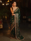 Banarasee Handwoven Silk Cotton Saree Antique Zari Buti & Border With Lace-Green