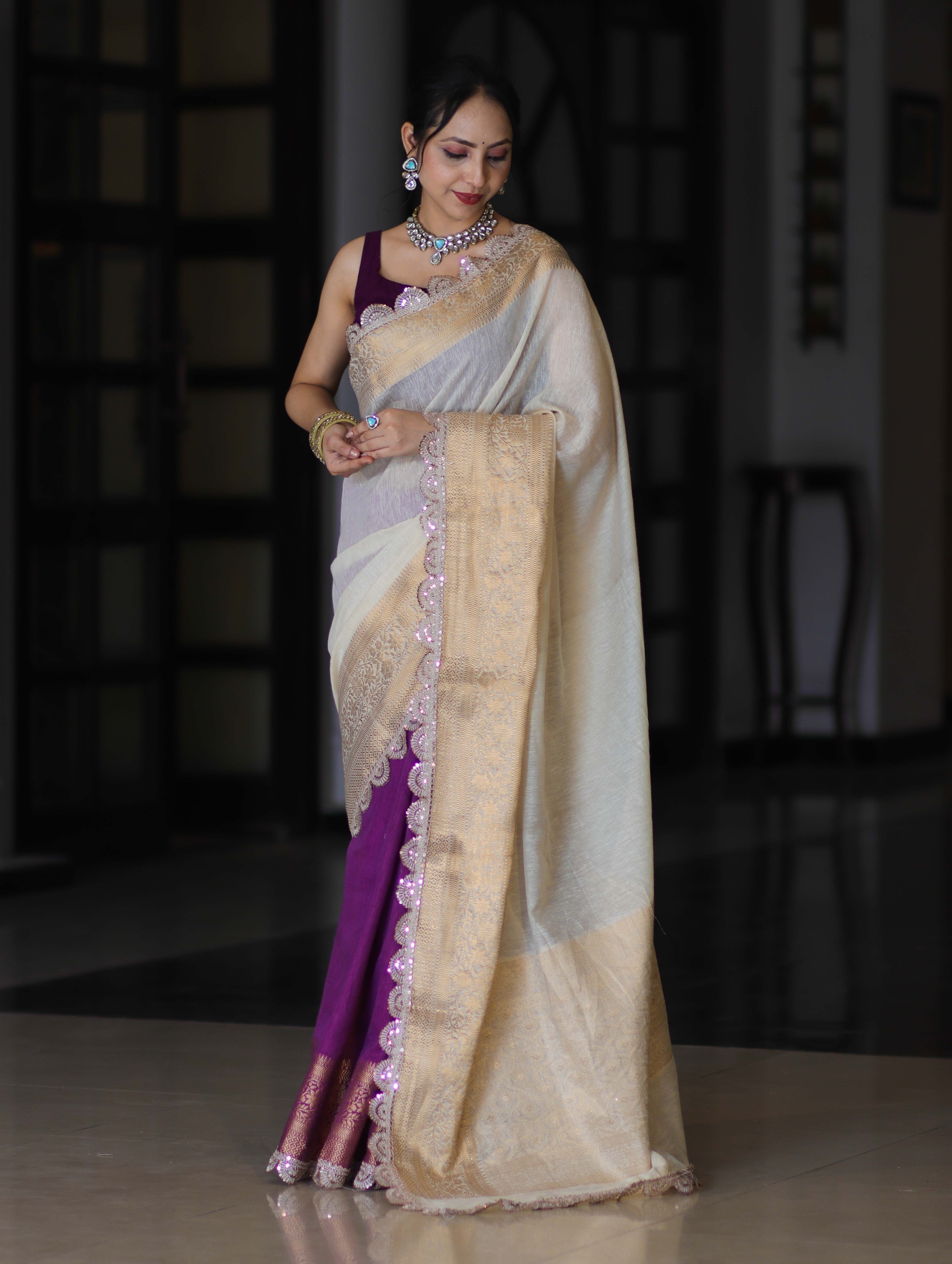 Banarasee Dual Color Pure Linen Saree With Zari Border & Lace-Off White & Violet