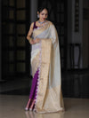 Banarasee Dual Color Pure Linen Saree With Zari Border & Lace-Off White & Violet
