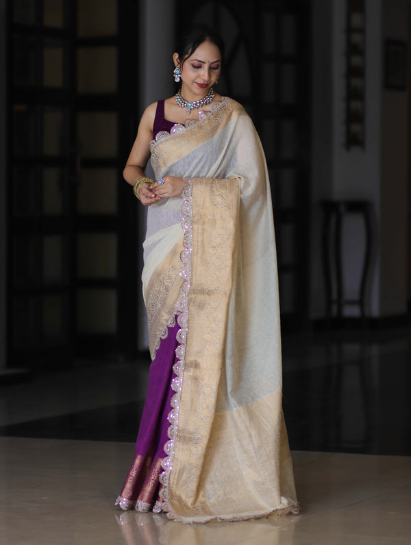 Banarasee Dual Color Pure Linen Saree With Zari Border & Lace-Off White & Violet