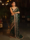 Banarasee Handwoven Silk Cotton Saree Antique Zari Buti & Border With Lace-Green