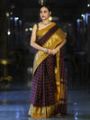 Banarasee Handloom Semi Silk Saree With Checks Pattern & Contrast Border-Wine & Mustard Yellow