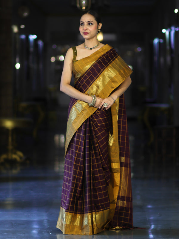 Banarasee Handloom Semi Silk Saree With Checks Pattern & Contrast Border-Wine & Mustard Yellow