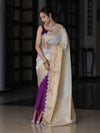 Banarasee Dual Color Pure Linen Saree With Zari Border & Lace-Off White & Violet