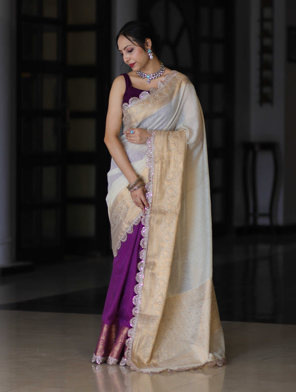 Banarasee Dual Color Pure Linen Saree With Zari Border & Lace-Off White & Violet