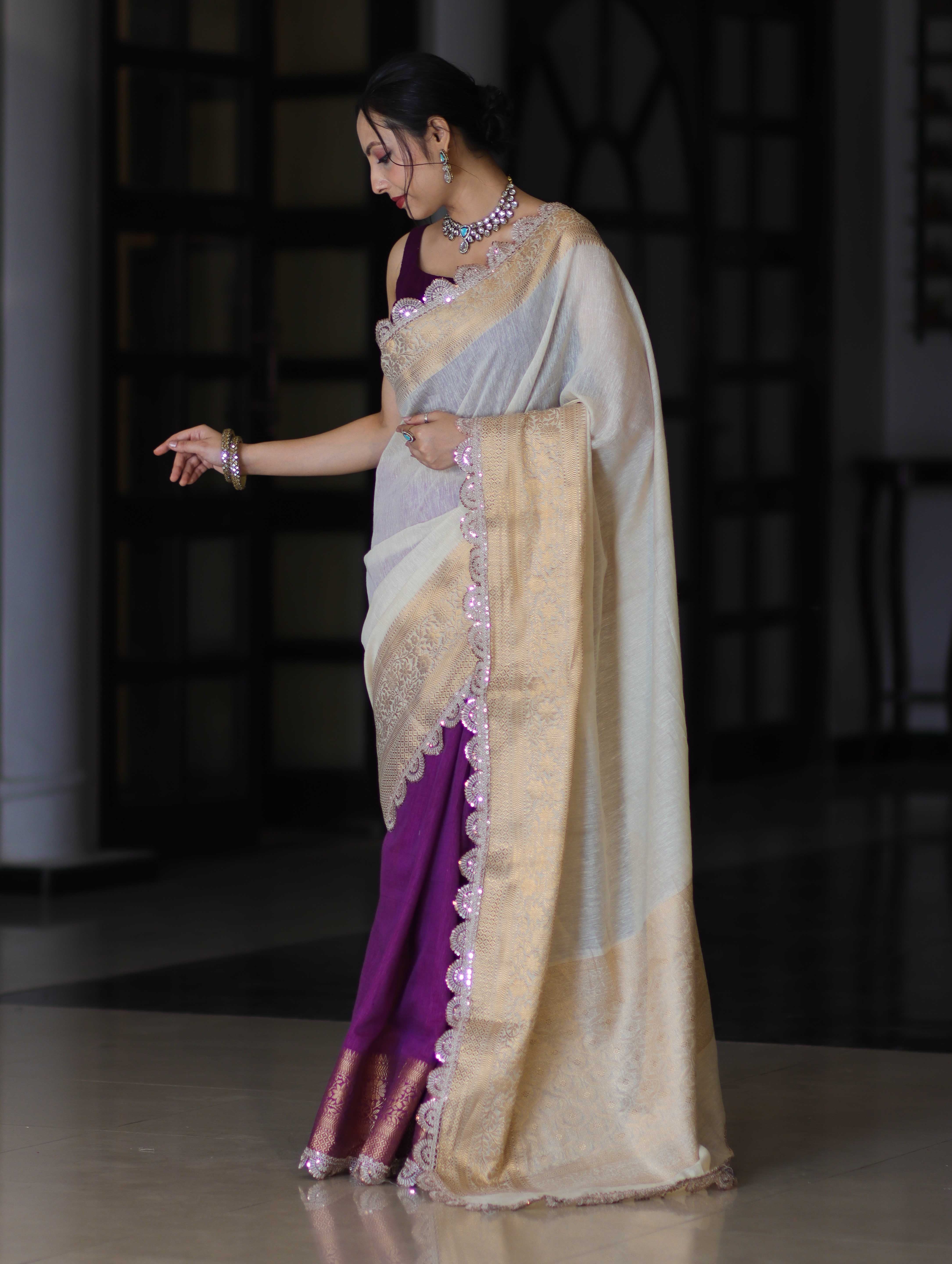 Banarasee Dual Color Pure Linen Saree With Zari Border & Lace-Off White & Violet