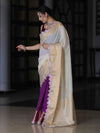 Banarasee Dual Color Pure Linen Saree With Zari Border & Lace-Off White & Violet