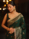 Banarasee Handwoven Silk Cotton Saree Antique Zari Buti & Border With Lace-Green