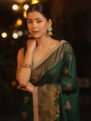 Banarasee Handwoven Silk Cotton Saree Antique Zari Buti & Border With Lace-Green