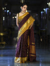 Banarasee Handloom Semi Silk Saree With Checks Pattern & Contrast Border-Wine & Mustard Yellow