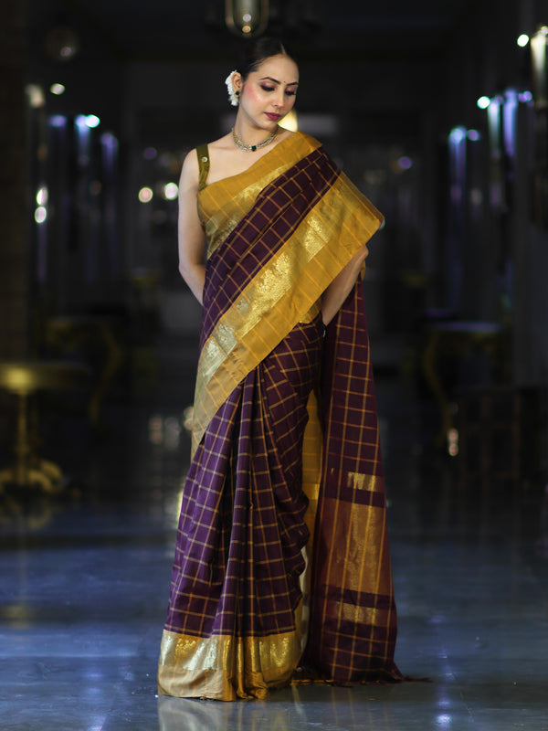 Banarasee Handloom Semi Silk Saree With Checks Pattern & Contrast Border-Wine & Mustard Yellow