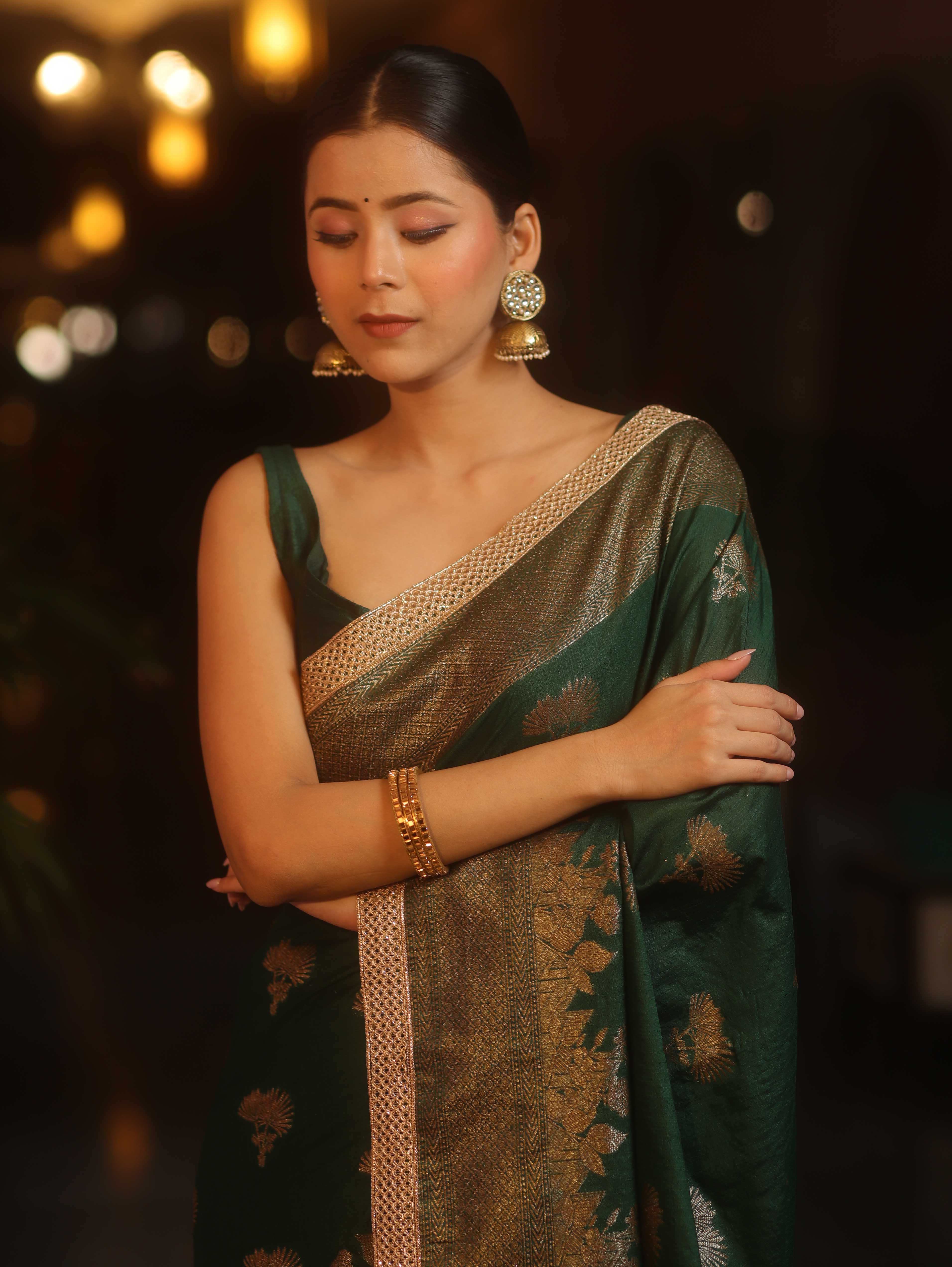 Banarasee Handwoven Silk Cotton Saree Antique Zari Buti & Border With Lace-Green