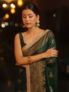 Banarasee Handwoven Silk Cotton Saree Antique Zari Buti & Border With Lace-Green