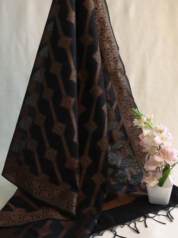 Banarasee Cotton Silk Zari Dupatta-Black