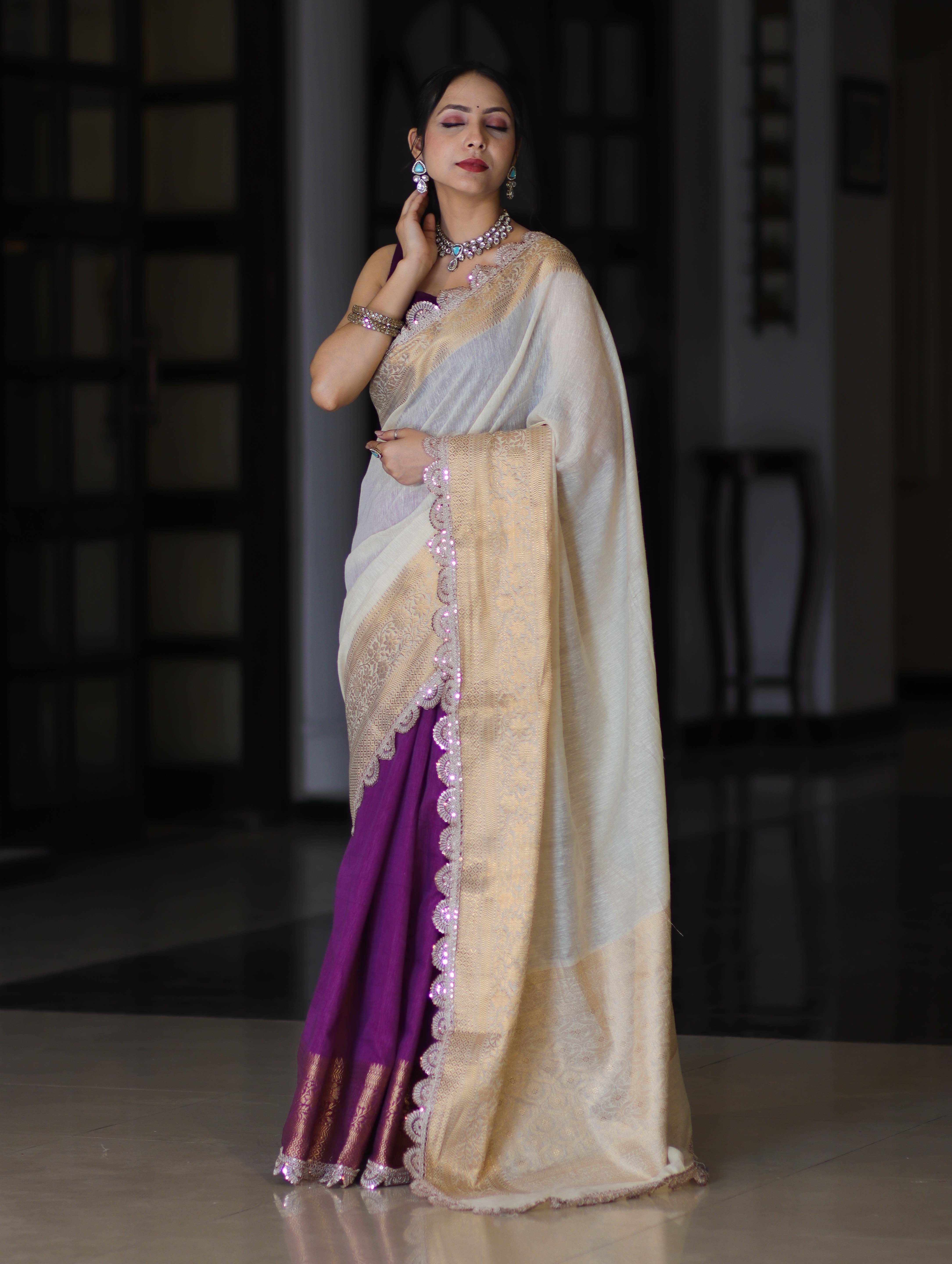 Banarasee Dual Color Pure Linen Saree With Zari Border & Lace-Off White & Violet