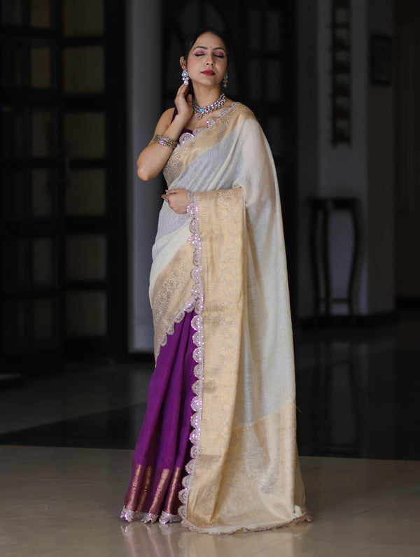 Banarasee Dual Color Pure Linen Saree With Zari Border & Lace-Off White & Violet