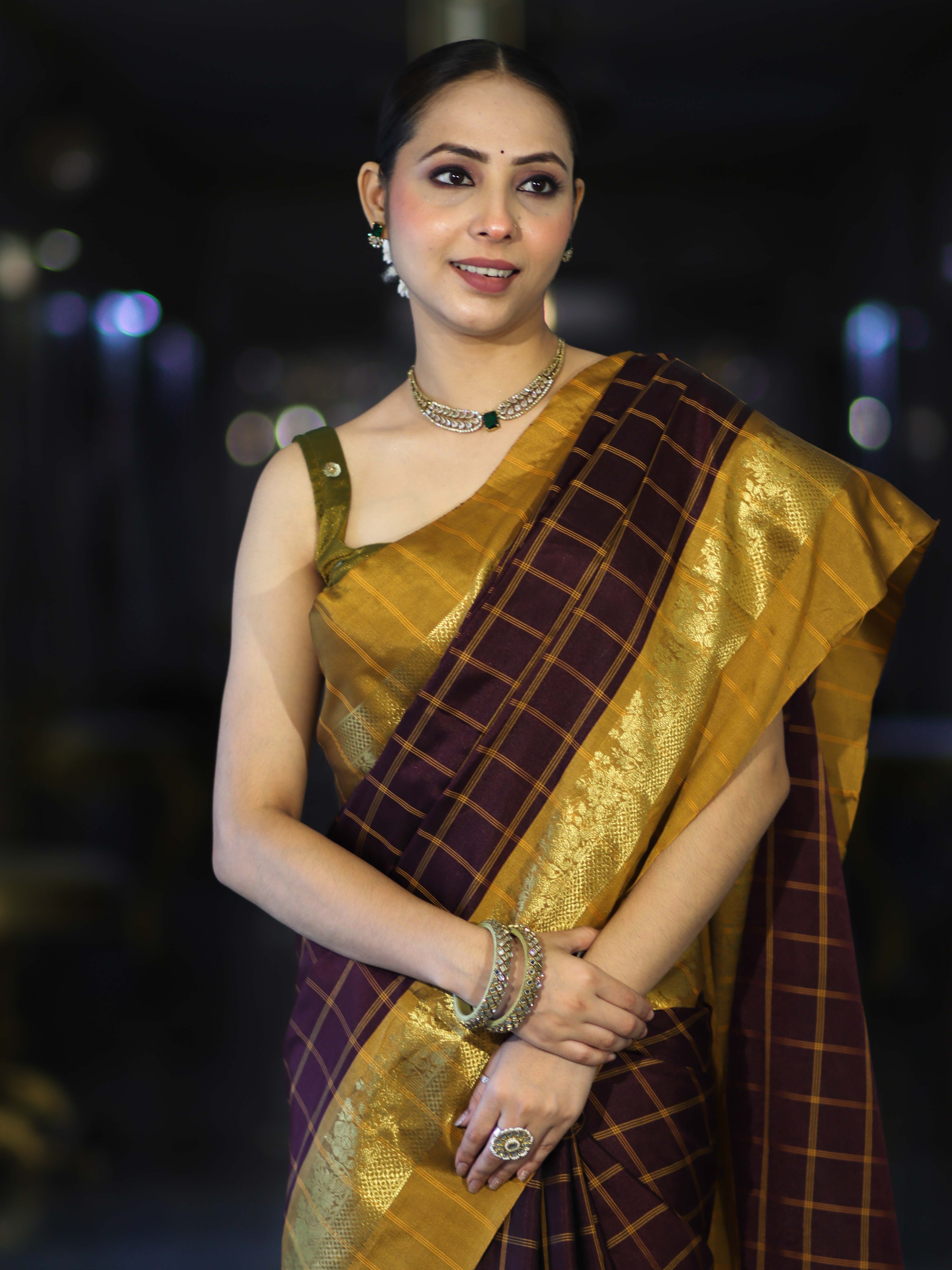Banarasee Handloom Semi Silk Saree With Checks Pattern & Contrast Border-Wine & Mustard Yellow