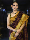 Banarasee Handloom Semi Silk Saree With Checks Pattern & Contrast Border-Wine & Mustard Yellow