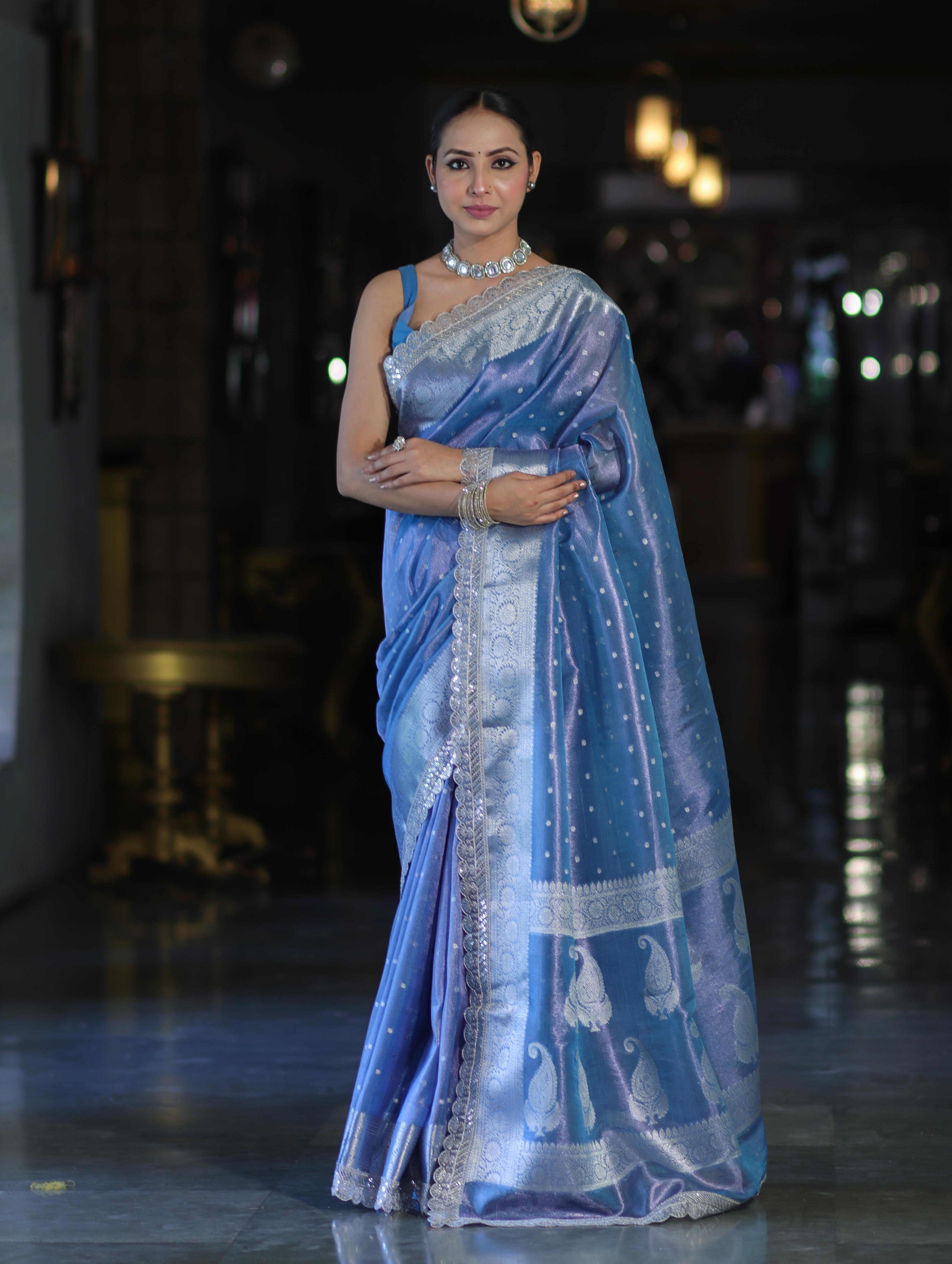 Banarasee Handloom Tissue Saree With Zari Buti Design Border & Lace-Pastel Blue