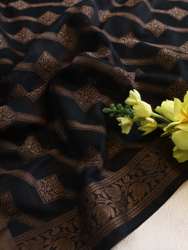Banarasee Cotton Silk Zari Dupatta-Black
