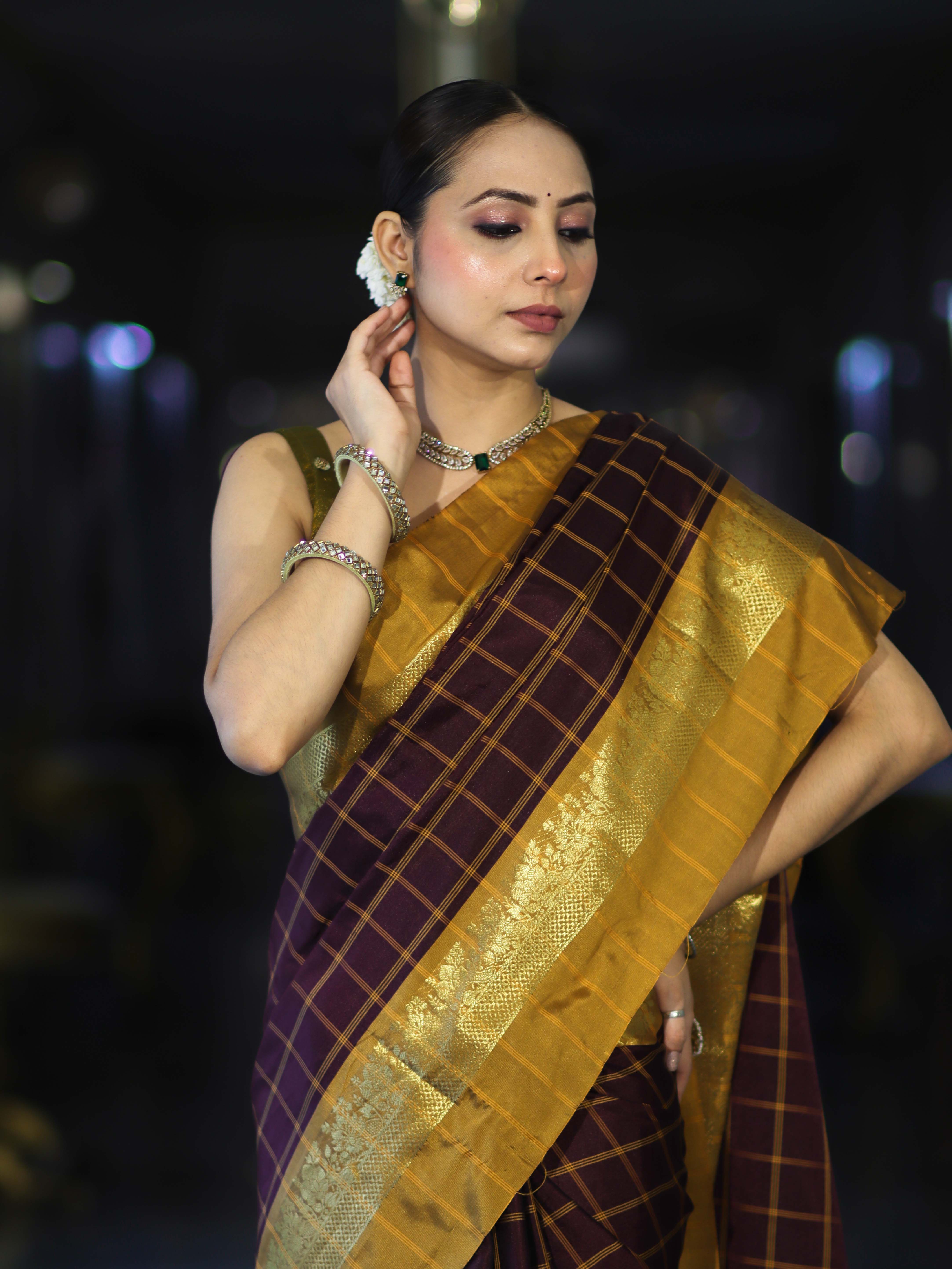 Banarasee Handloom Semi Silk Saree With Checks Pattern & Contrast Border-Wine & Mustard Yellow