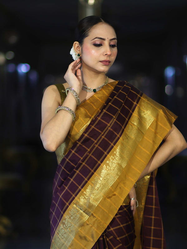 Banarasee Handloom Semi Silk Saree With Checks Pattern & Contrast Border-Wine & Mustard Yellow