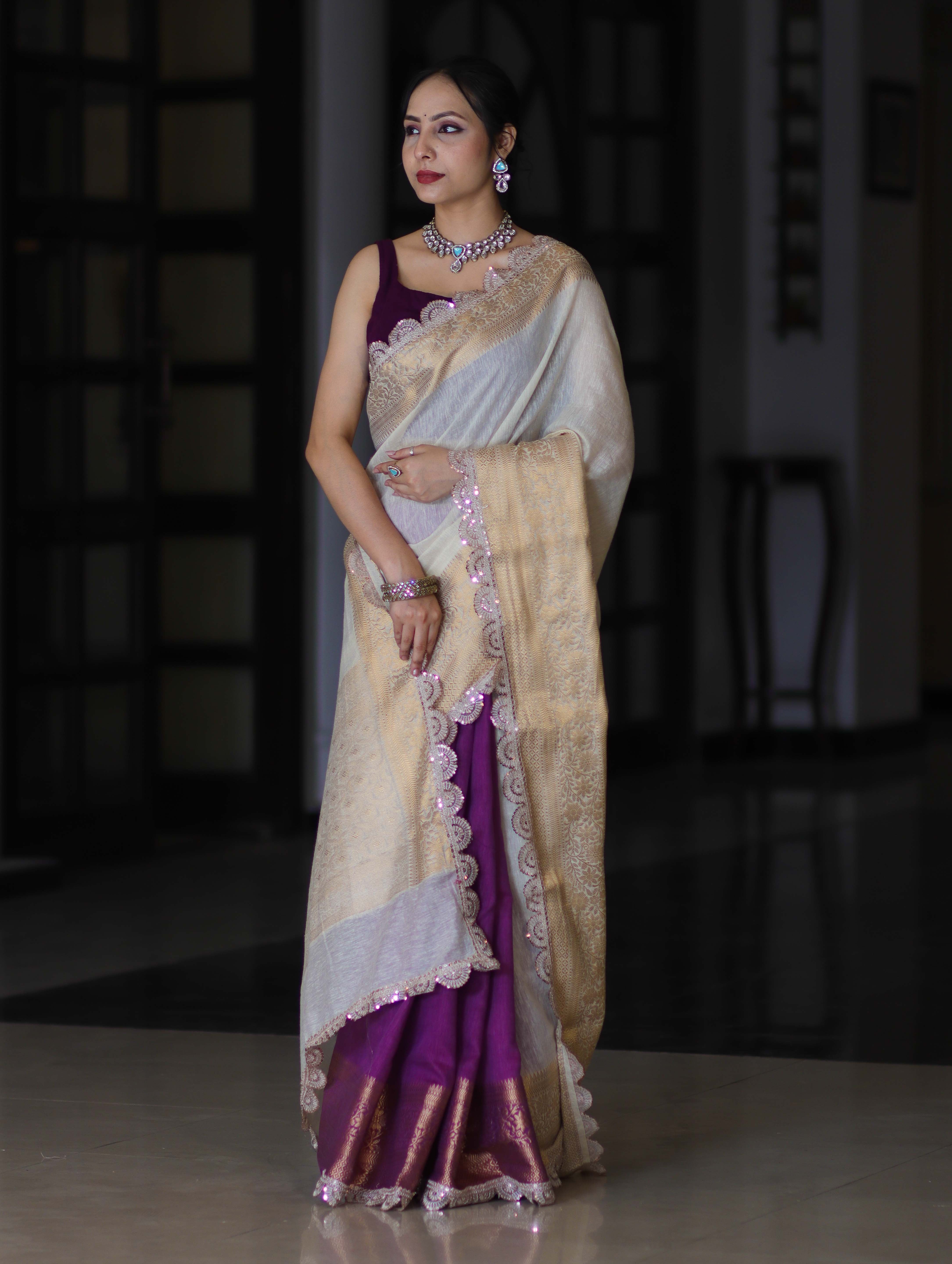 Banarasee Dual Color Pure Linen Saree With Zari Border & Lace-Off White & Violet