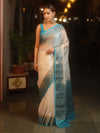 Banarasee Handwoven Semi Silk Plain Saree With Zari Contrast Border-White & Blue