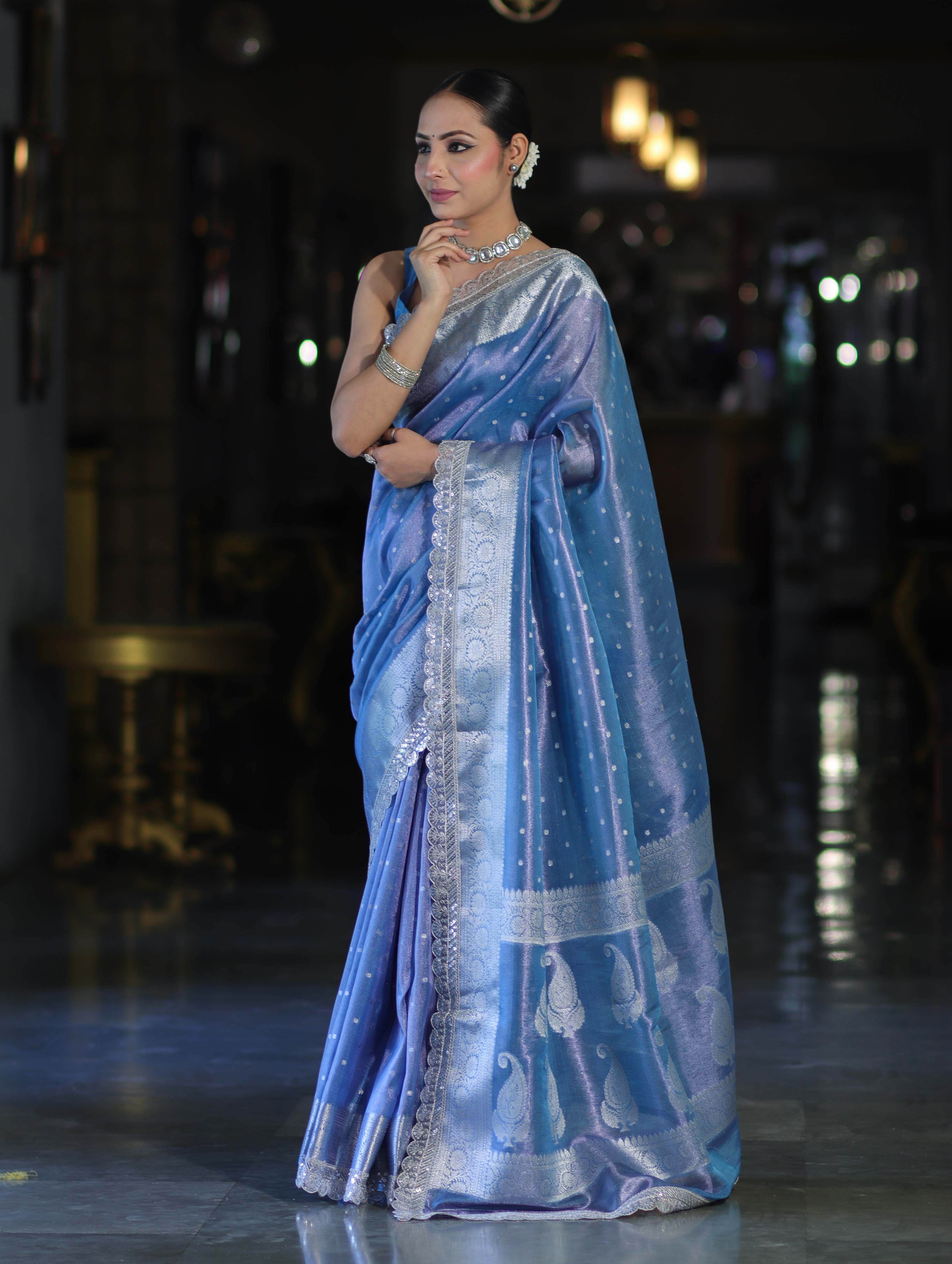 Banarasee Handloom Tissue Saree With Zari Buti Design Border & Lace-Pastel Blue