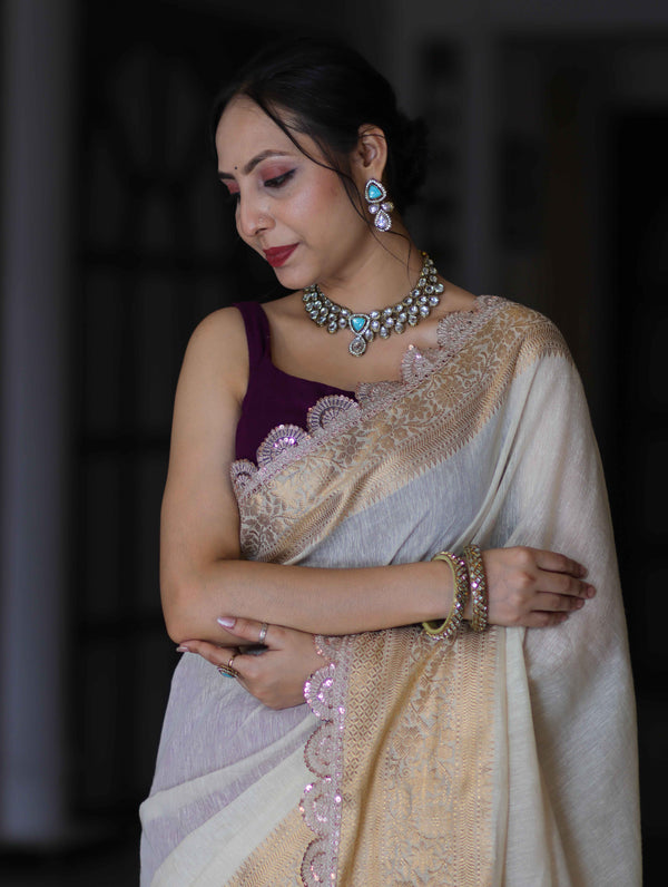 Banarasee Dual Color Pure Linen Saree With Zari Border & Lace-Off White & Violet